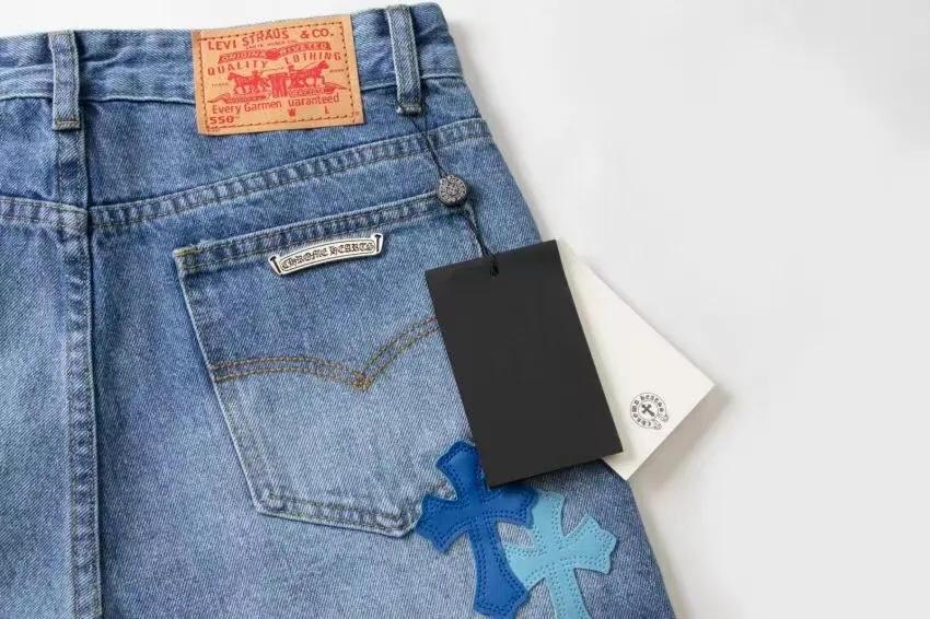 P220 model number: H258 Chrome HeartsSS22 Chrome Hearts Miami limited cross patch blue cross print jeans Size: S-XL